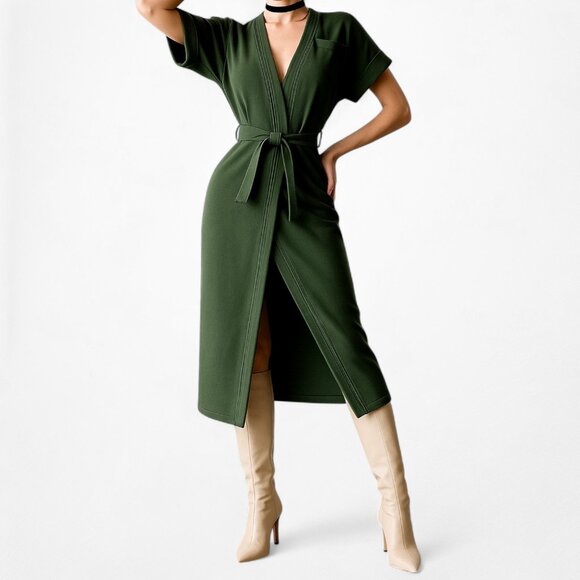 Green Short Sleeve VNeck Belted Waist Knee Length Side Slit Dress Size 0/XS - Picture 3 of 7